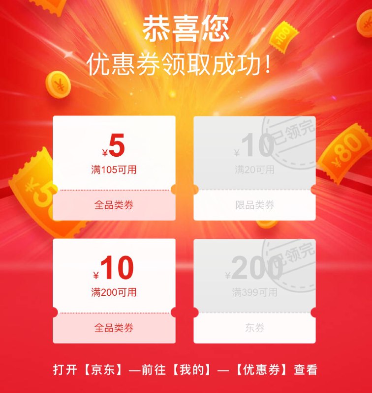 京东200-10 105-5全品券