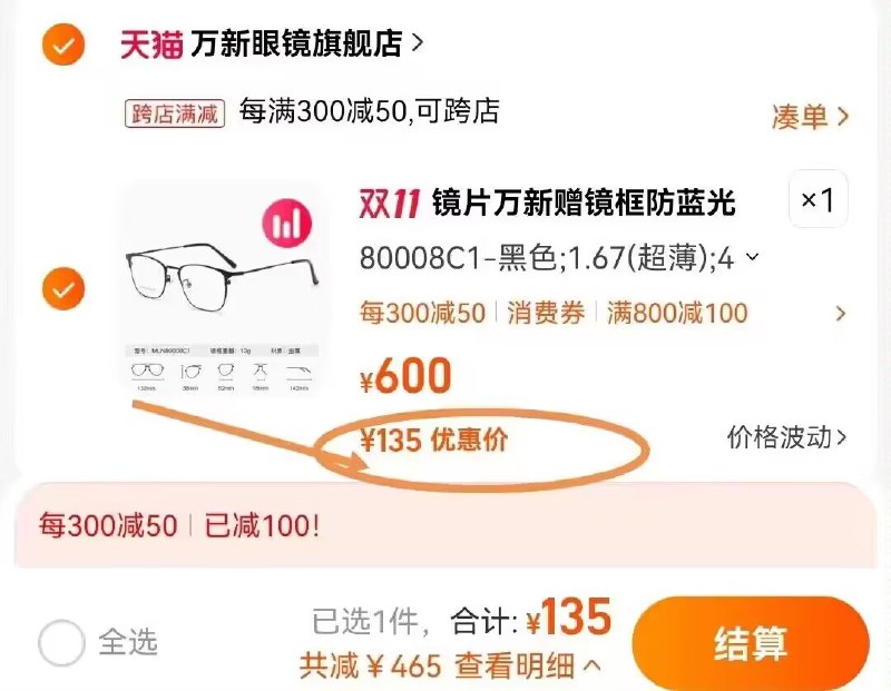135【万新眼镜旗舰店】防蓝光辐射超薄近视眼镜)AFJxWWN3doS)/ CZ111.67镜片很薄 高度数也不厚要好点眼镜的 记得上车了哇依视路集团的 线下别想这价！搜索隐藏优惠