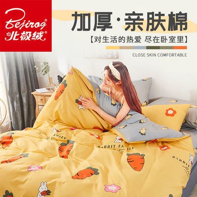 北极绒亲肤棉四件套床上用品加厚磨毛网红被套床单学生宿舍三件套，13.98元