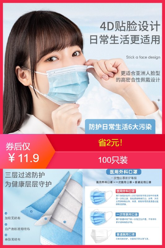 11.9元 凑单9.4元医用外科100只三层一次性口罩(Y8U22OHdgRd)/