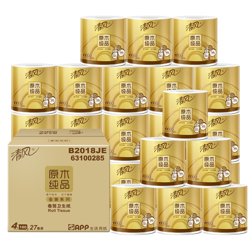 限地区！【京东plus】清风 原木金装卷纸 4层180克27卷*3件 116.32元（合38.77元/件）