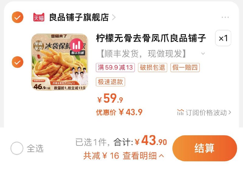 43.9亓 良品铺子旗舰店到手2件 折21.95亓/件良品铺子柠檬无骨凤爪500g*2/ CZ0001 /)yPYydwxGsPD)//