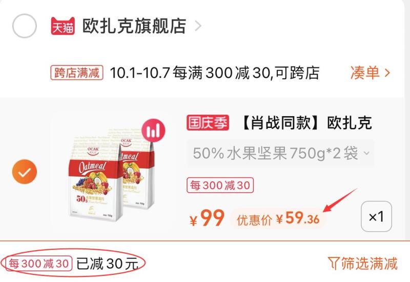 2.凑单商品 也加购物车1件(9596XItc68S)/ 两个东西一起提交并付款然后再单独退款凑单商品欧扎克麦片共1570g 到手59元