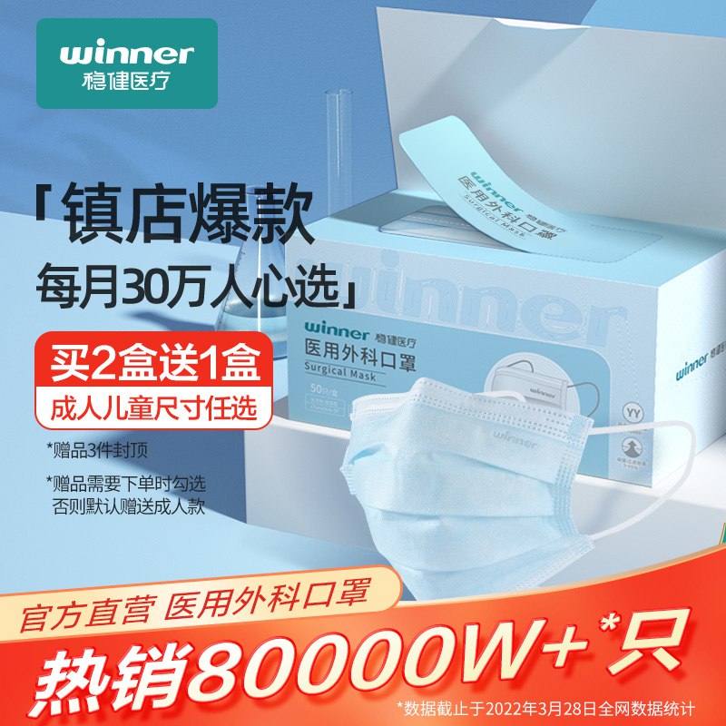 1.领券 并且加入购物车2件【稳健旗舰店】买2盒赠1盒医用外科防护口罩50只*3盒(kqej2noBzsa)/   疫情反复 大牌口罩可以安排上