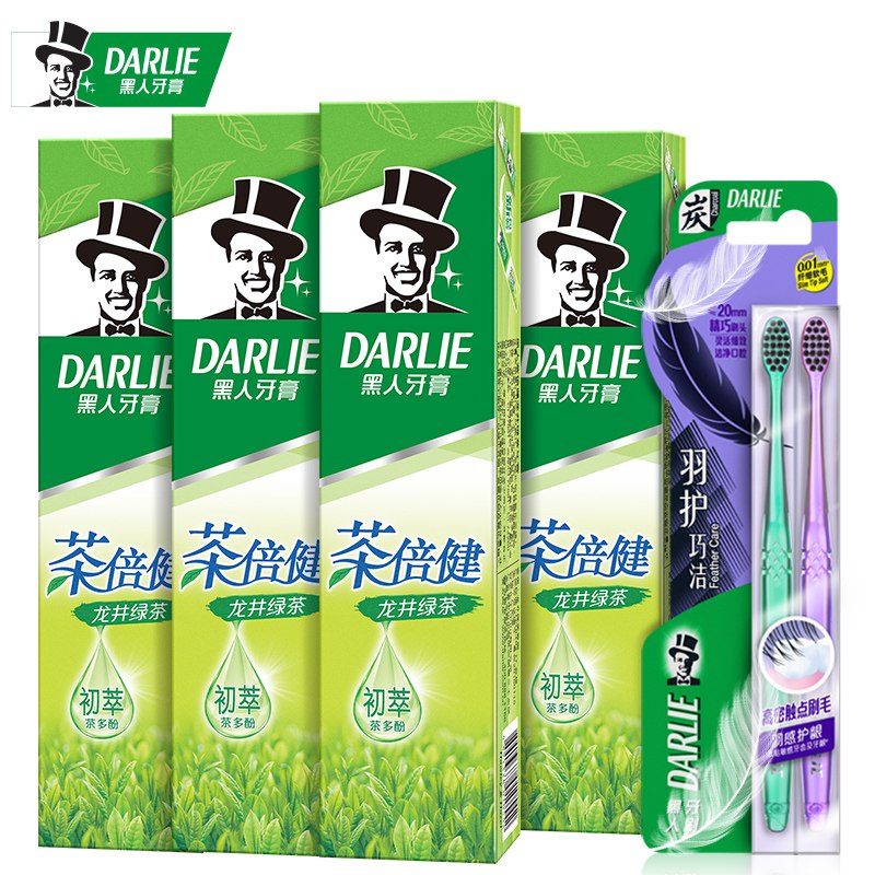 -【京东】黑人（DARLIE）茶倍健龙井绿茶牙膏4支（共480g）+牙刷2支 清新口气 呵护牙龈 龙井茶香