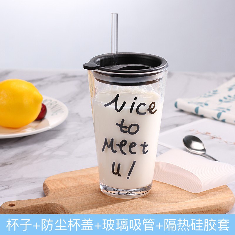 清新可爱刻度耐热早餐玻璃杯 字母黑+防尘盖+玻璃吸管+隔热圈9.9