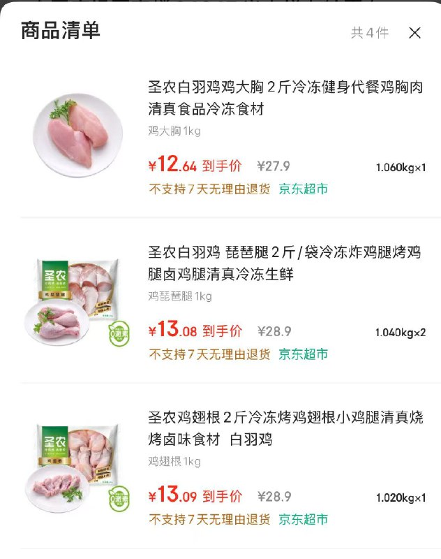 【自营】圣农 生鲜发车琵琶腿/鸡翅根/鸡大胸  2斤