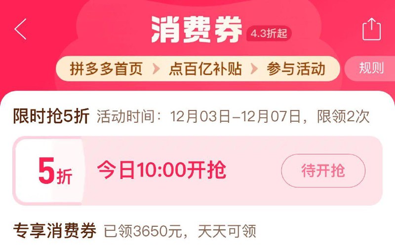 10点 拼夕夕-百亿补贴-消费券可领5折券