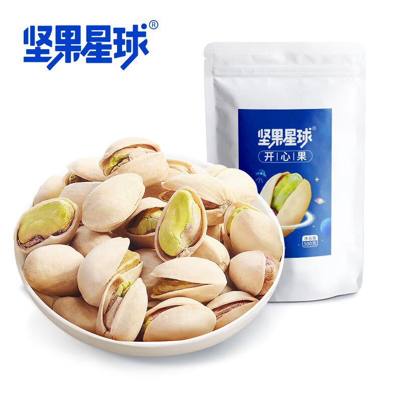 49元 【沃隆旗舰店】沃隆坚果星球开心果500g(7zy32DdgMyi)/ CZ11/自然开口，皮薄好剥，清新香甜开口率可达95以上，沃隆大牌的