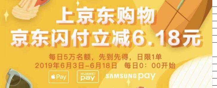 0点开始，京东闪付立减6.18元，日限一单，每日5万名额京东超级红包：