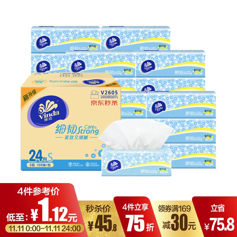 【京东】维达 细韧系列抽纸3层120抽*24包*6件 146.1元（合24.35元/件）